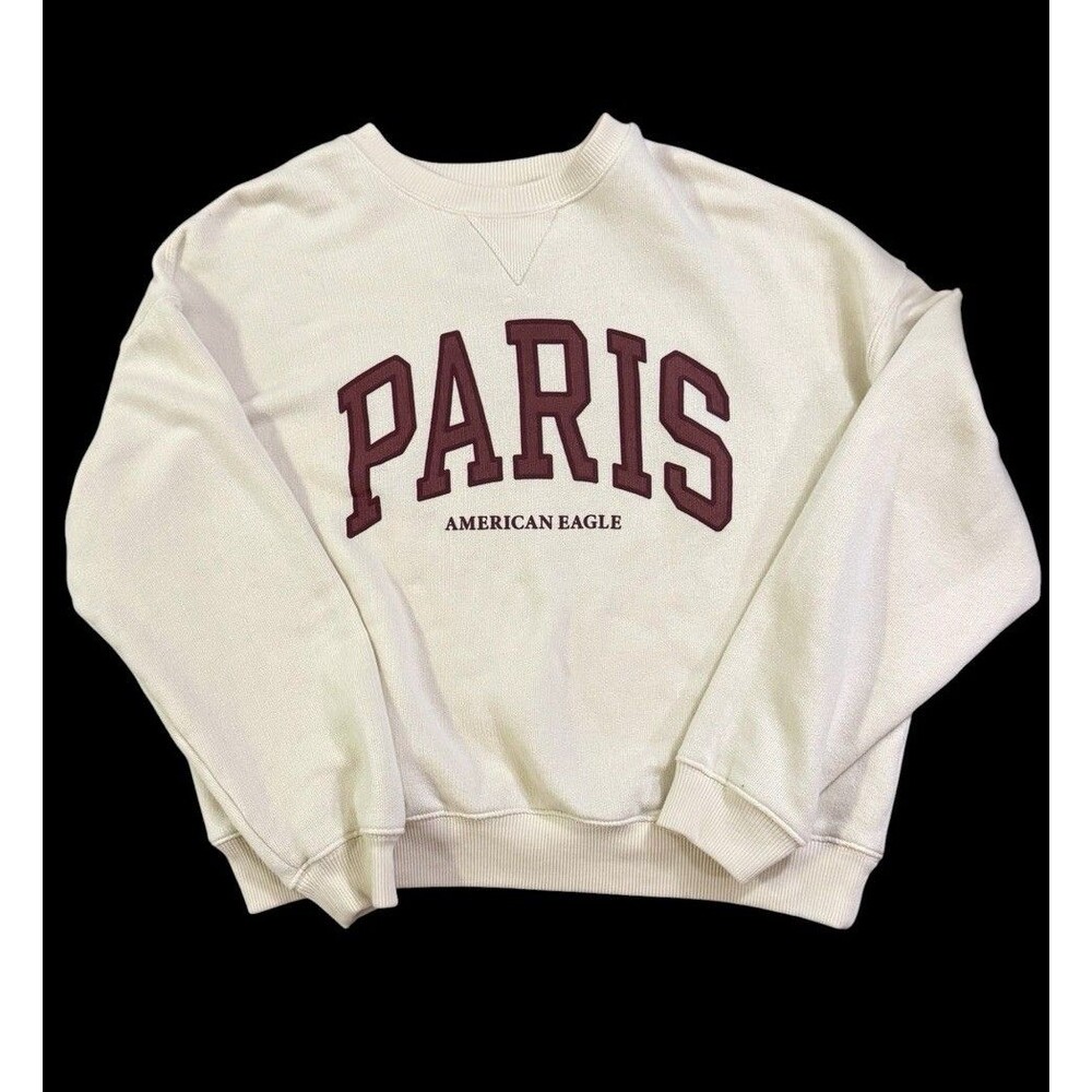 American Eagle Outfitters Paris Crewneck Sweatshirt Medium Cream Pullover Flaw